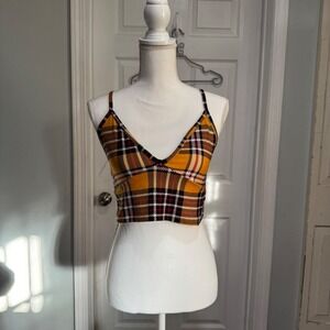 Urban Rose Plaid Crop Top Spaghetti Strap V Neck Yellow Red‎ Black Women's L